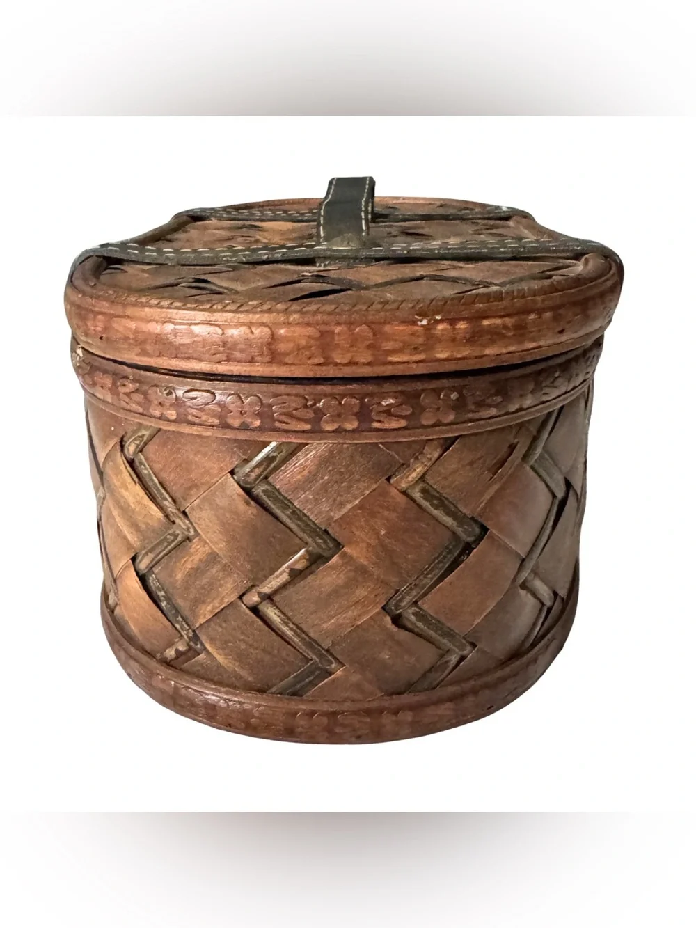 Vintage Woven Wood Box Leather Straps Metal Latch Hinges Antique Style